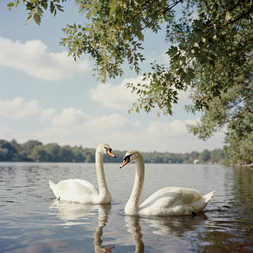 A pair of swans gliding across a still lake, in dappled light filtering through leaves, under scattered clouds, in the height of summer, in soft muted pastels, captured from a low angle looking up.