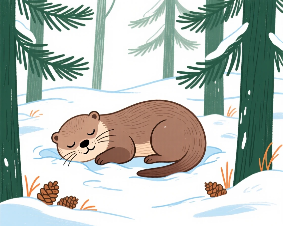 A baby otter napping in a snowy pine forest on a quiet summer afternoon.