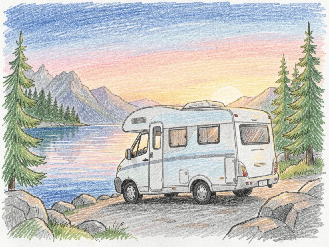 A camper van parked beside a quiet alpine lake at sunrise, set against a softly lit, atmospheric backdrop, designed to feel inviting, memorable, and shareable.