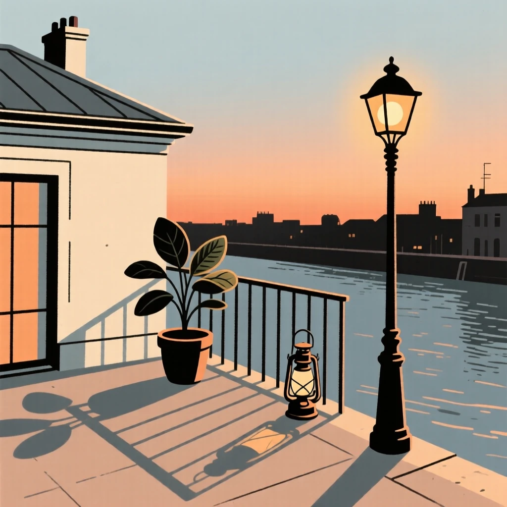 A view looking up at a rooftop terrace from a riverside district, with warm evening light in frame, evoking historic charm.
