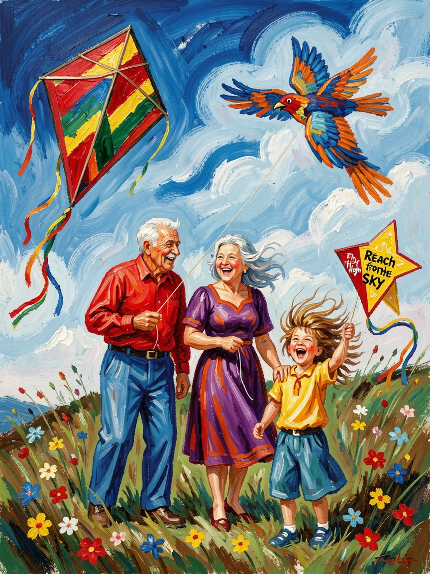 Grandparents and grandchildren flying kites together on a breezy hilltop.