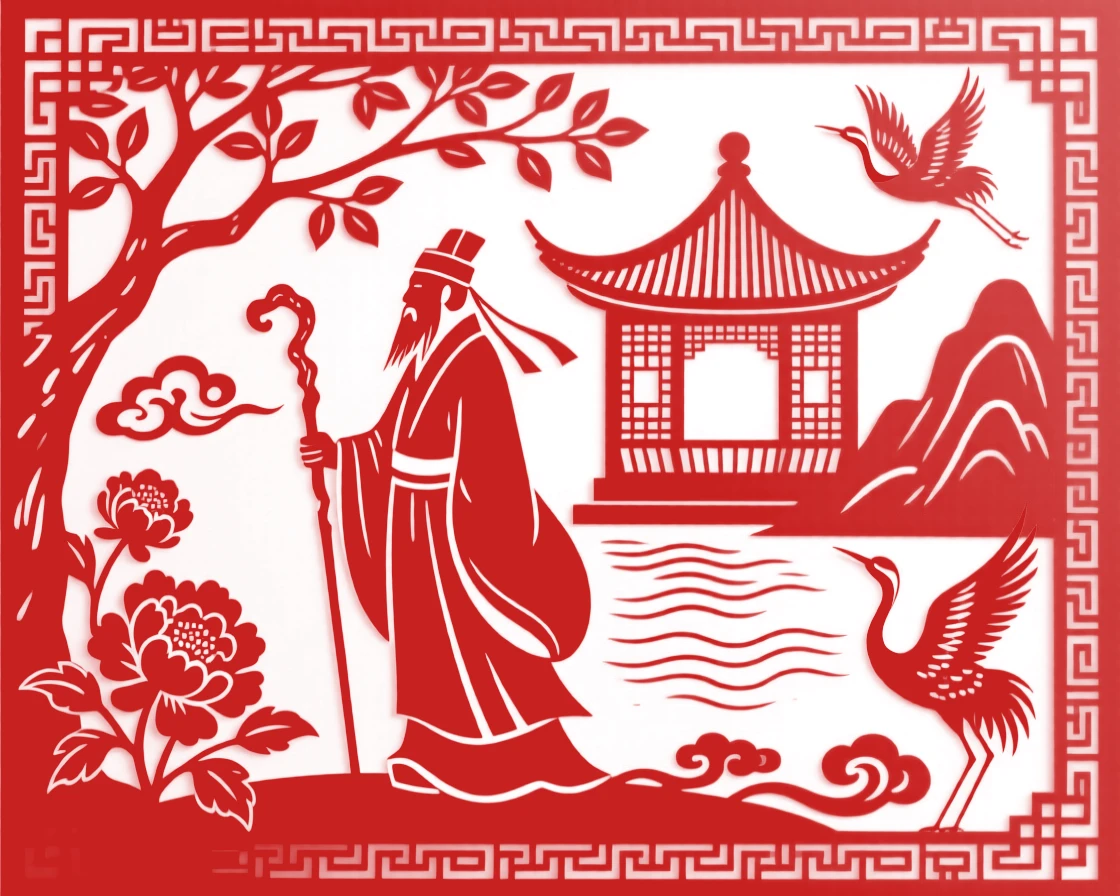 A composition of a scholar with a walking staff beside a still mountain lake, a small pavilion just visible through the trees.