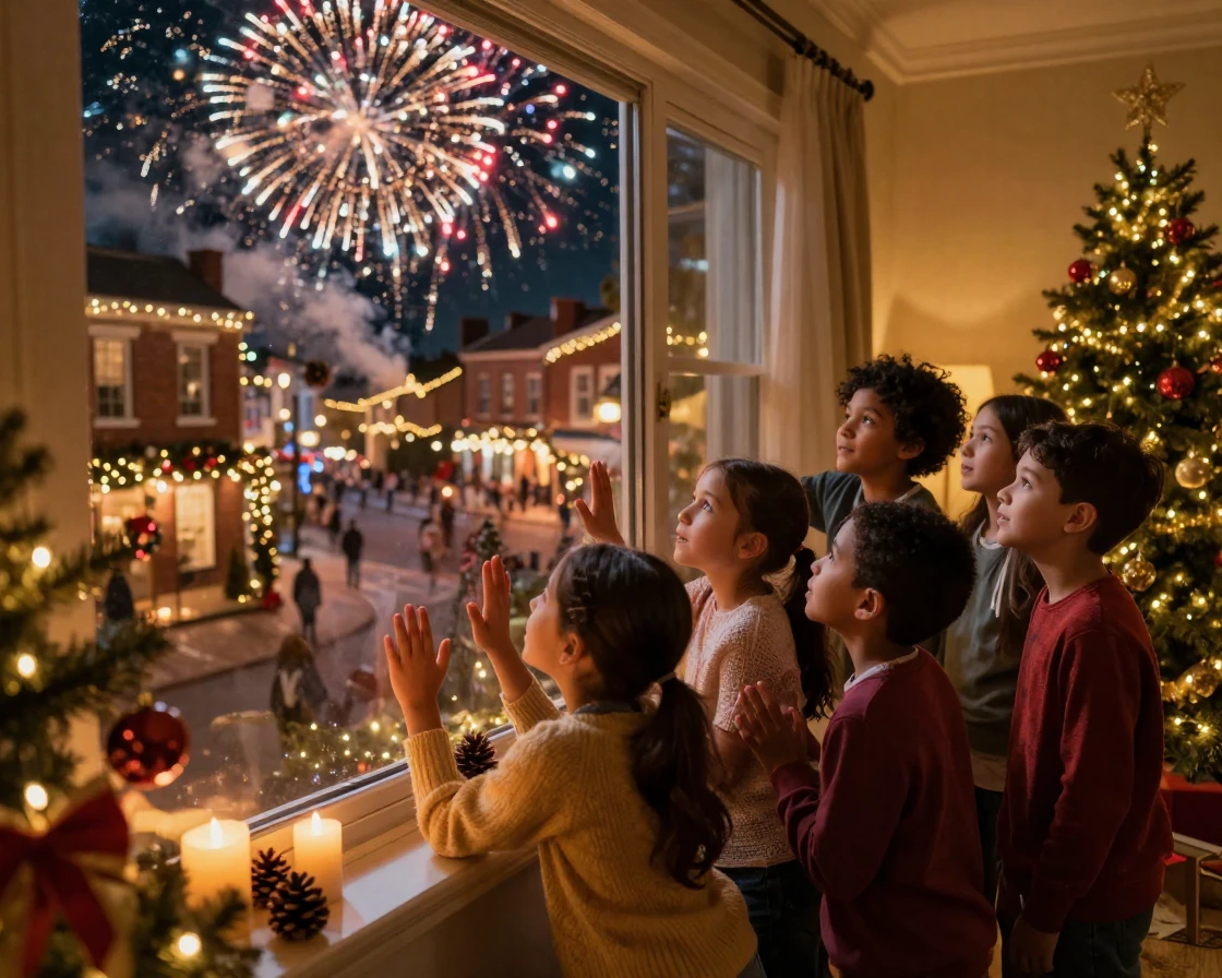 A group of children watching fireworks burst over the town square inside a home decorated for the season