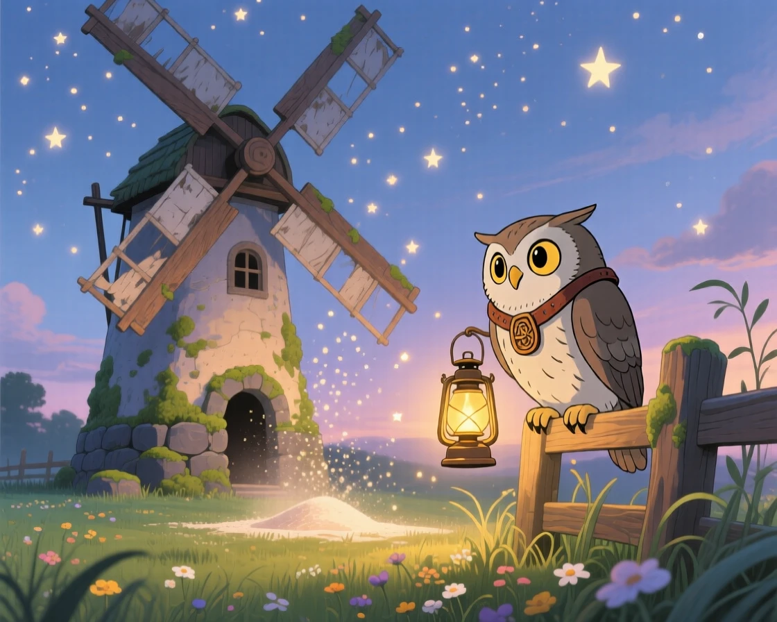 A windmill that spins slowly, grinding stardust into flour, where an owl wearing a tiny lantern around its neck can be seen nearby, the atmosphere dreamlike and inviting.