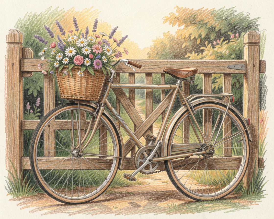 A vintage bicycle with a basket of flowers leaning on a garden gate, bathed in the warm glow of golden-hour light, designed to feel inviting, memorable, and shareable.