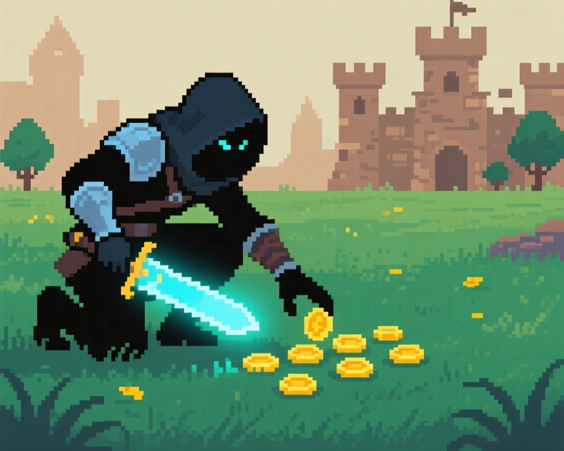 A rogue with a glowing dagger collecting glowing coins in a grassy field, in a retro-style fantasy kingdom.