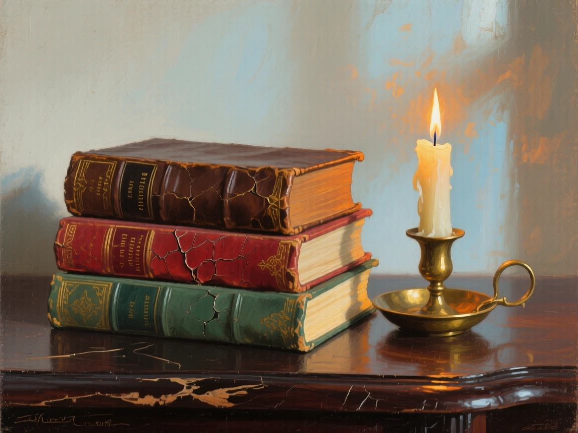 A centered composition of a stack of leather-bound books beside a lit candle, in early morning light.