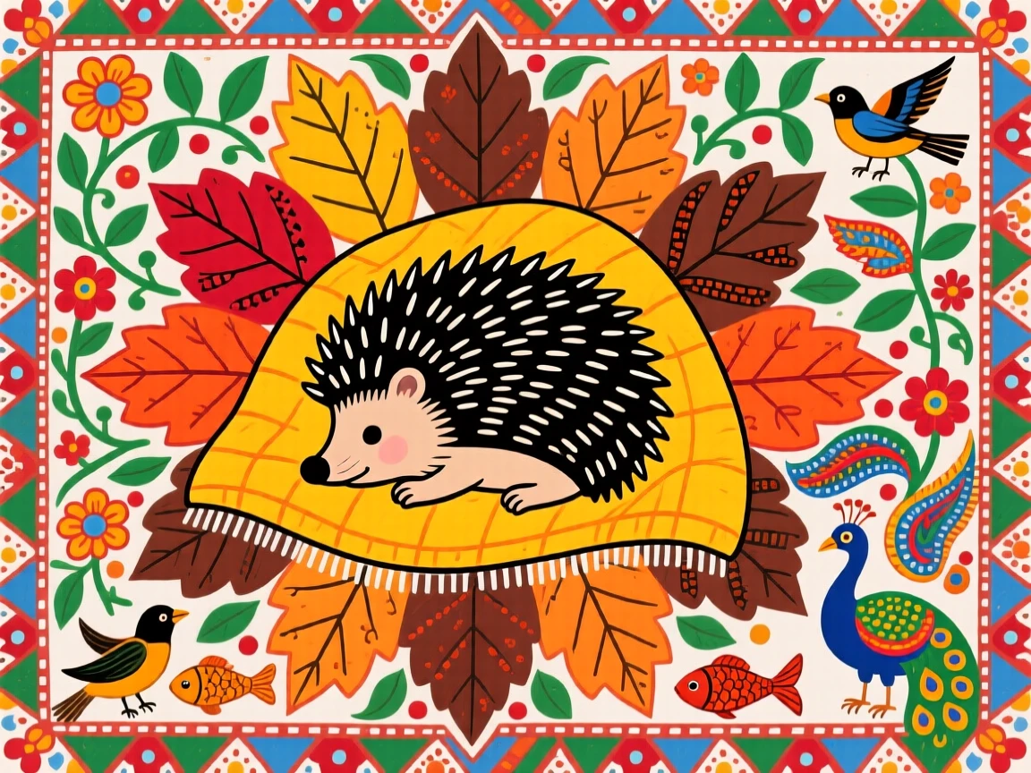 A hedgehog curled peacefully beneath a blanket of autumn leaves.