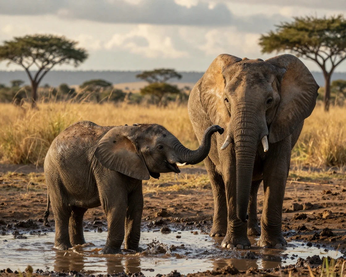 A baby elephant playfully spraying water at its mother beside a muddy watering hole
