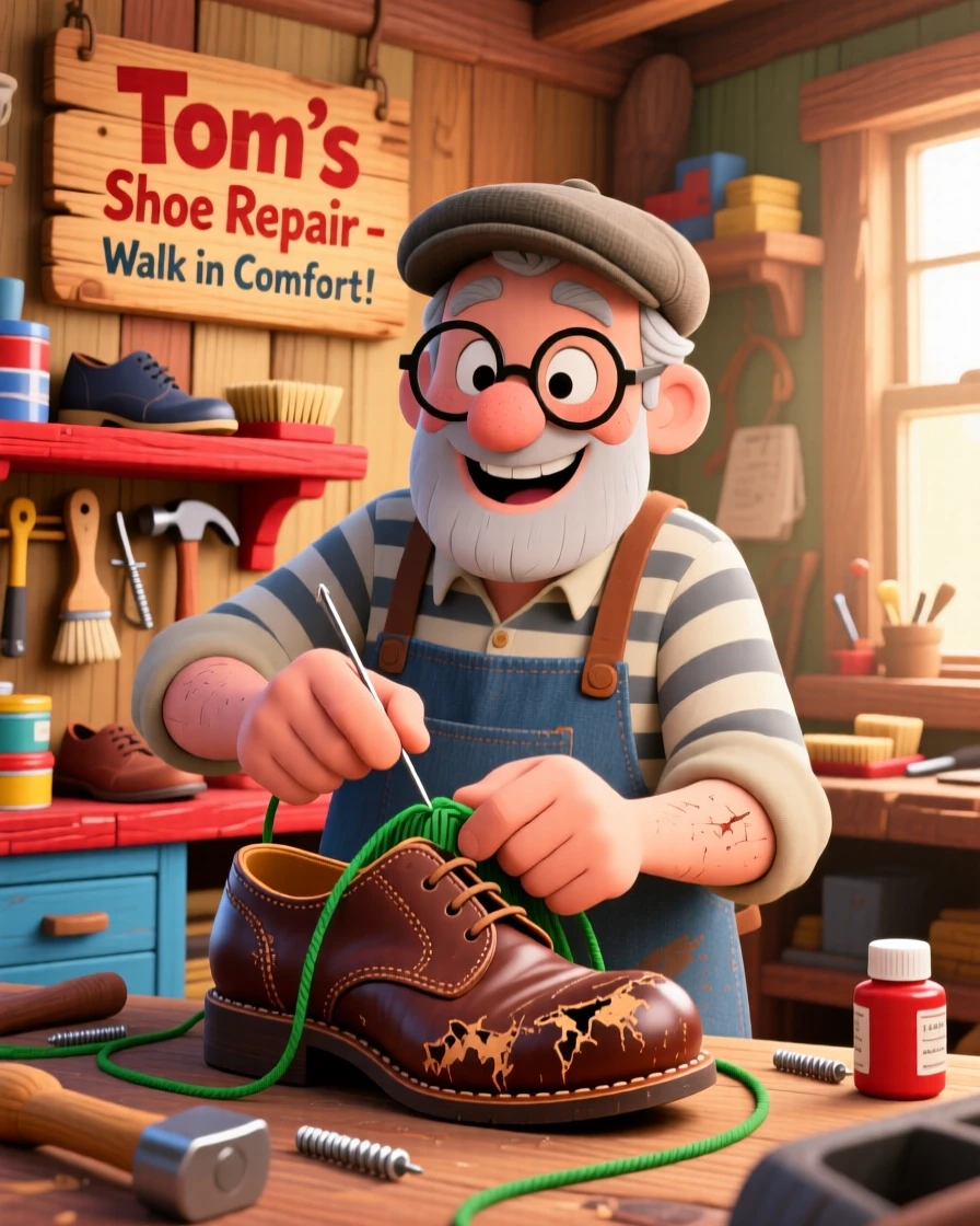 A cobbler repairing a well-worn pair of leather shoes.