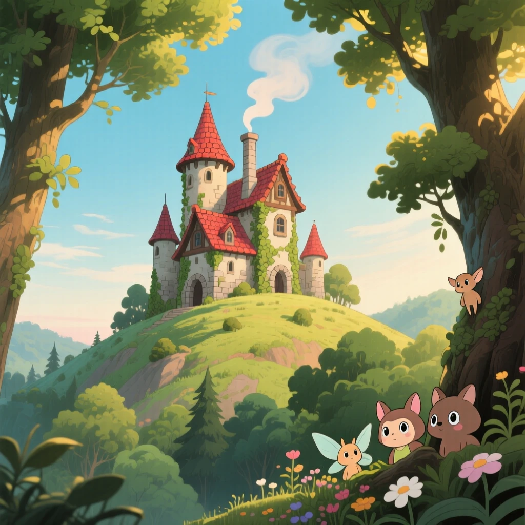 A charming view of a fairy-tale castle perched atop a forested hill, with smoke curling gently from its chimney.