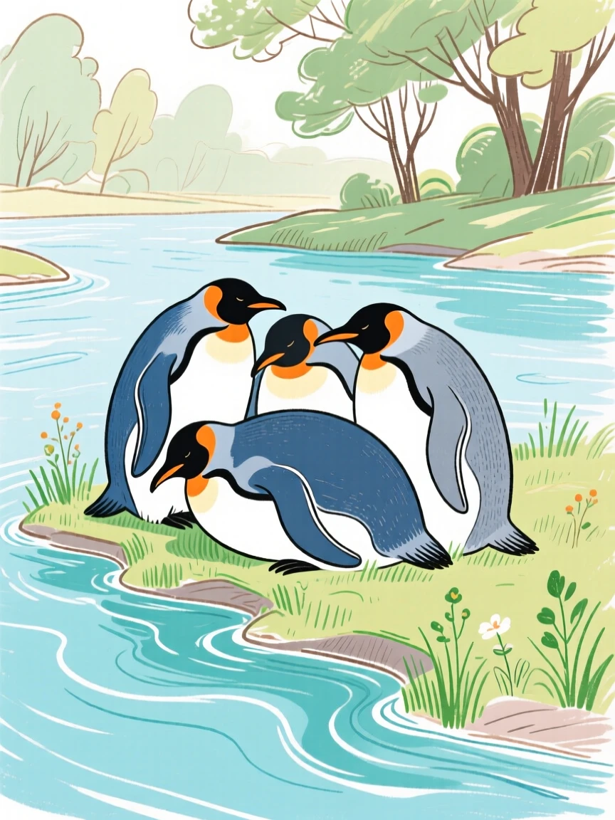 A group of penguins curled up together along a quiet riverbank on a quiet summer afternoon.