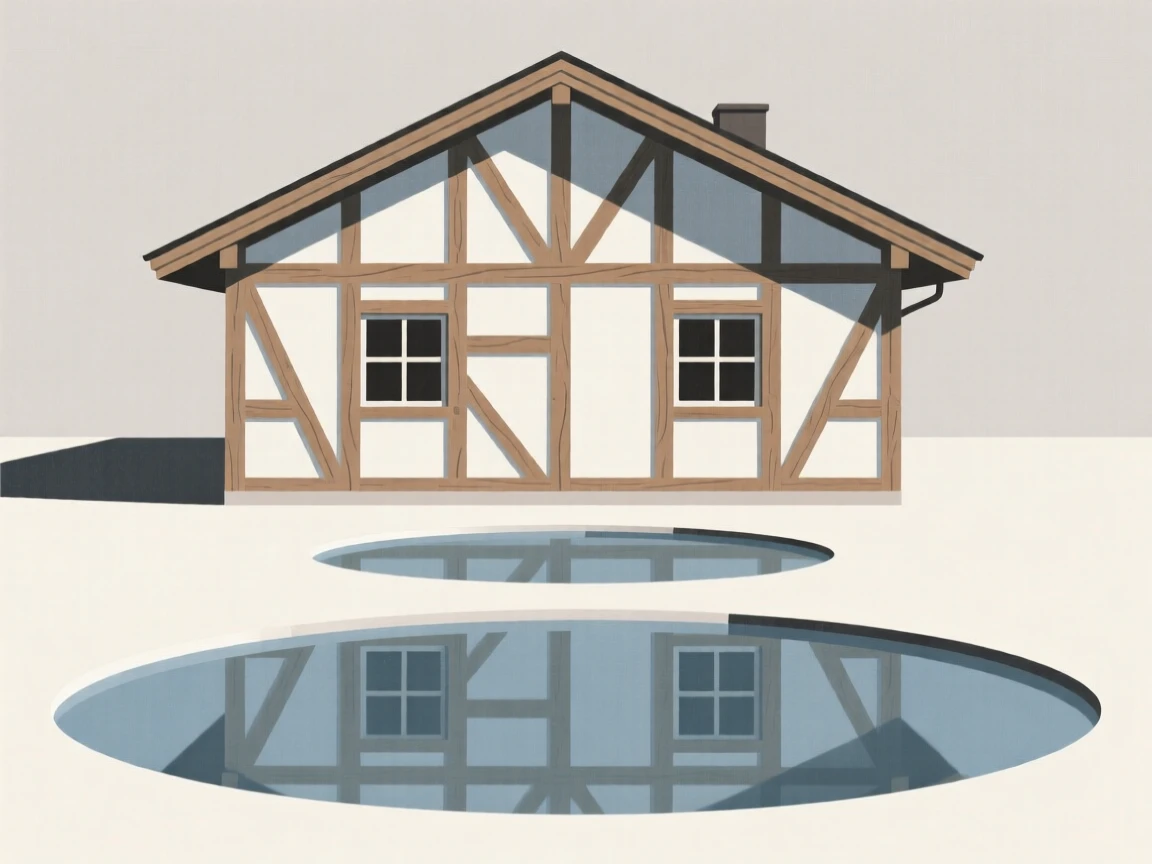 A view looking up at a timber-framed cottage from a quiet countryside village, with reflecting pools in frame, evoking modern clarity.
