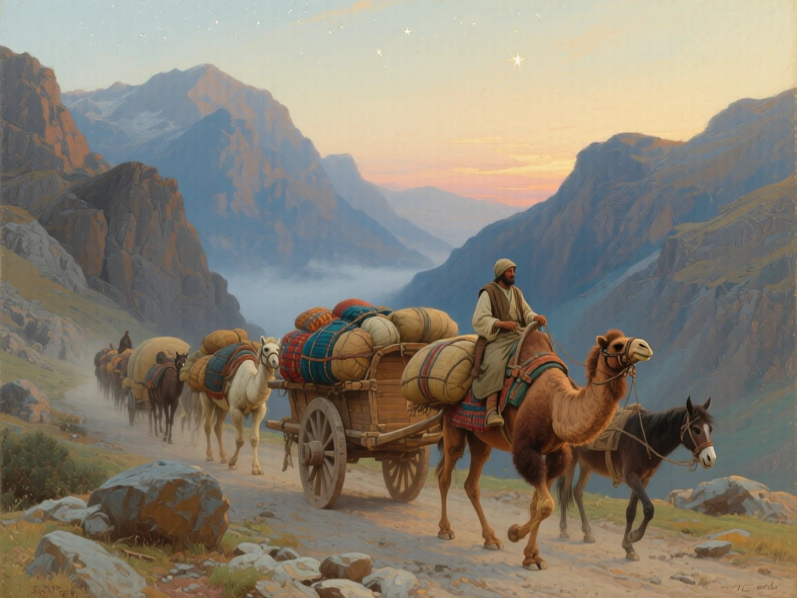 A medium shot of a caravan crossing a mountain pass laden with trade goods, in early morning light, under a canopy of stars.