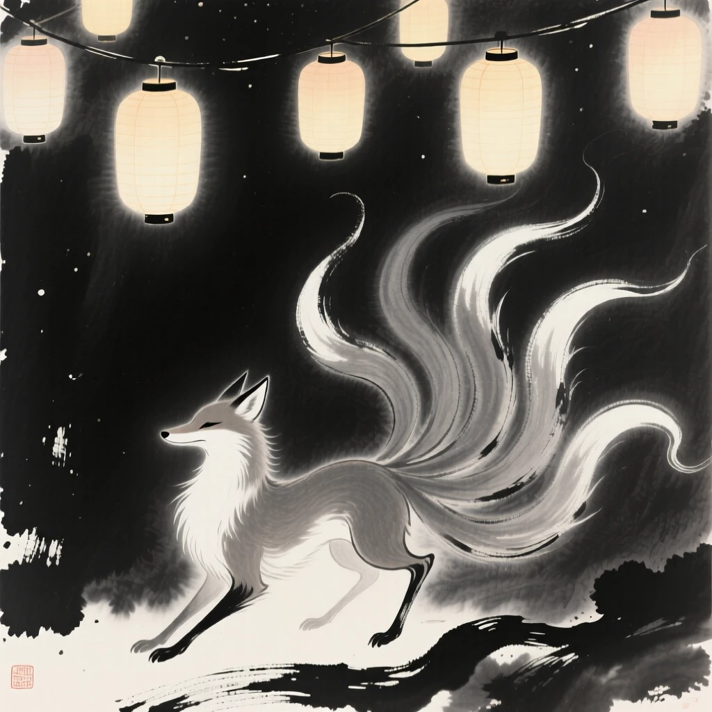 A spirit fox with nine flowing tails beneath a canopy of glowing lanterns, composed with sweeping, dynamic movement across the frame, carrying a sense of magic woven into the natural world.