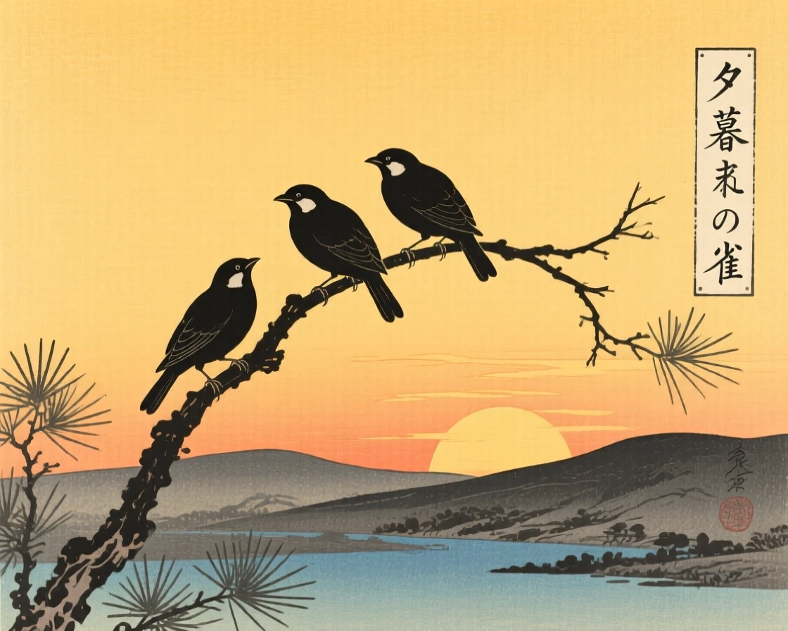 Sparrows on a branch silhouetted against a golden sunset.