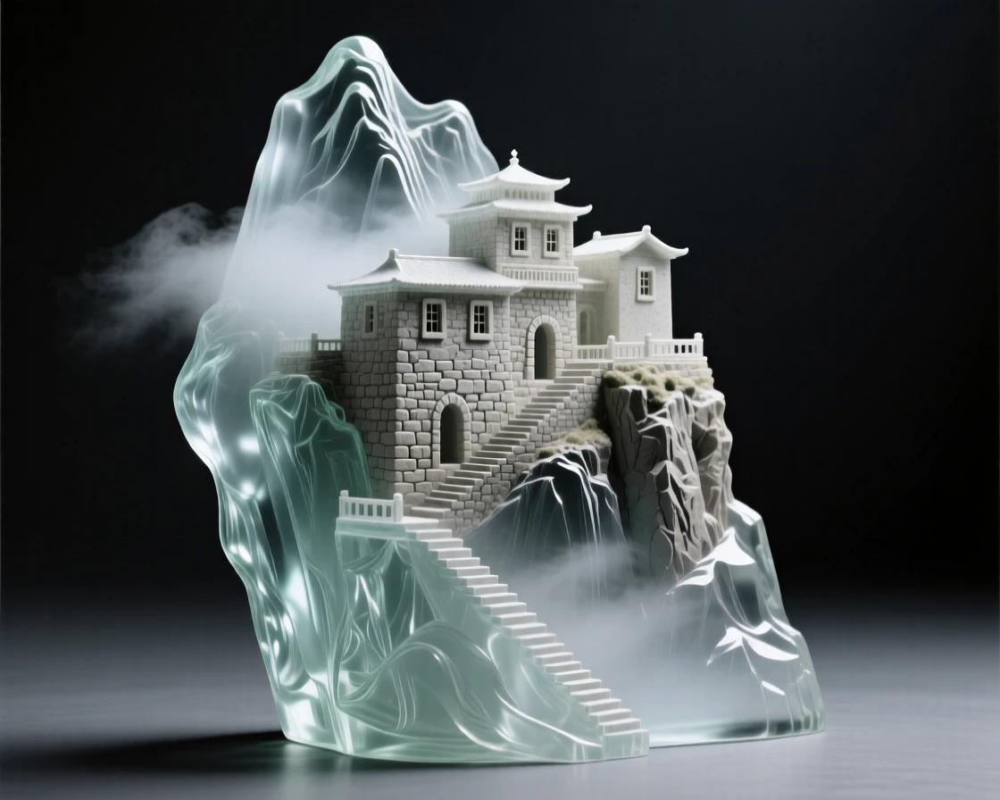 A mountain monastery clinging to the side of a steep cliff while a light mist settles gently over the old stone walls