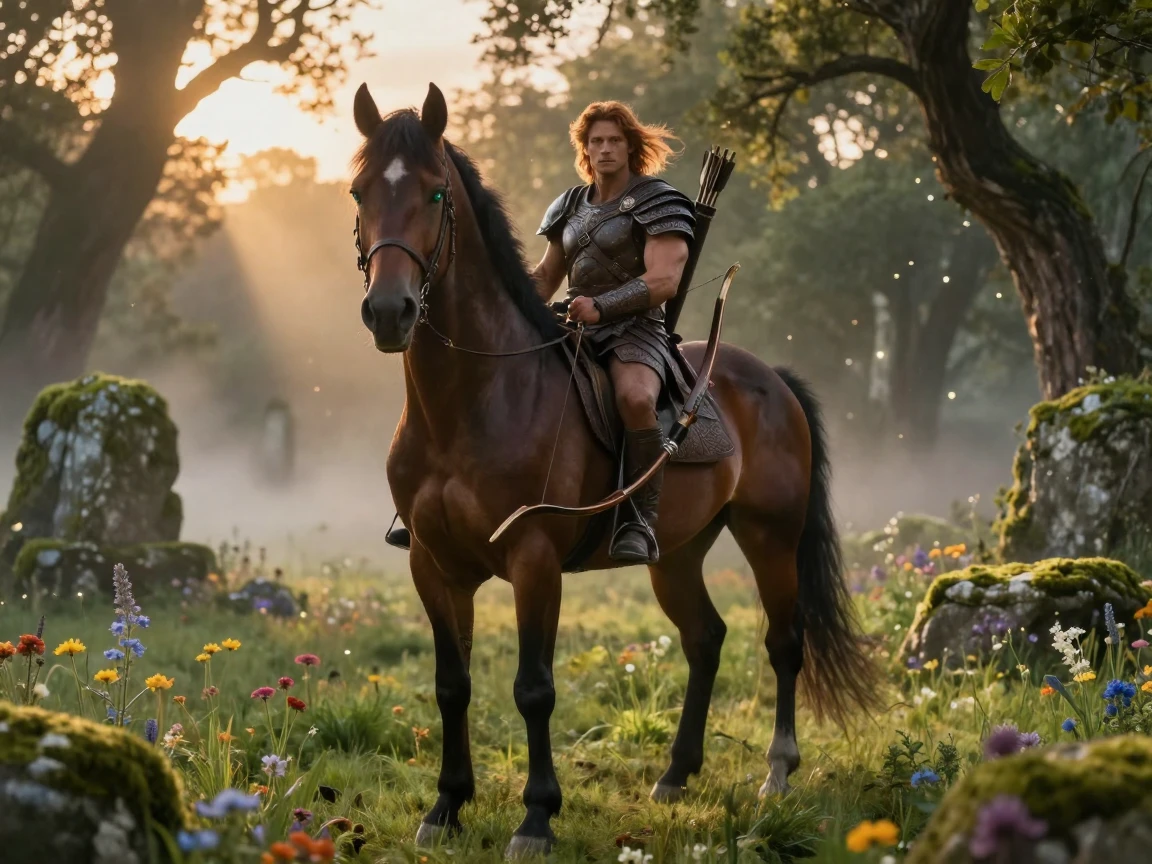 A centaur standing guard at the edge of an ancient enchanted meadow