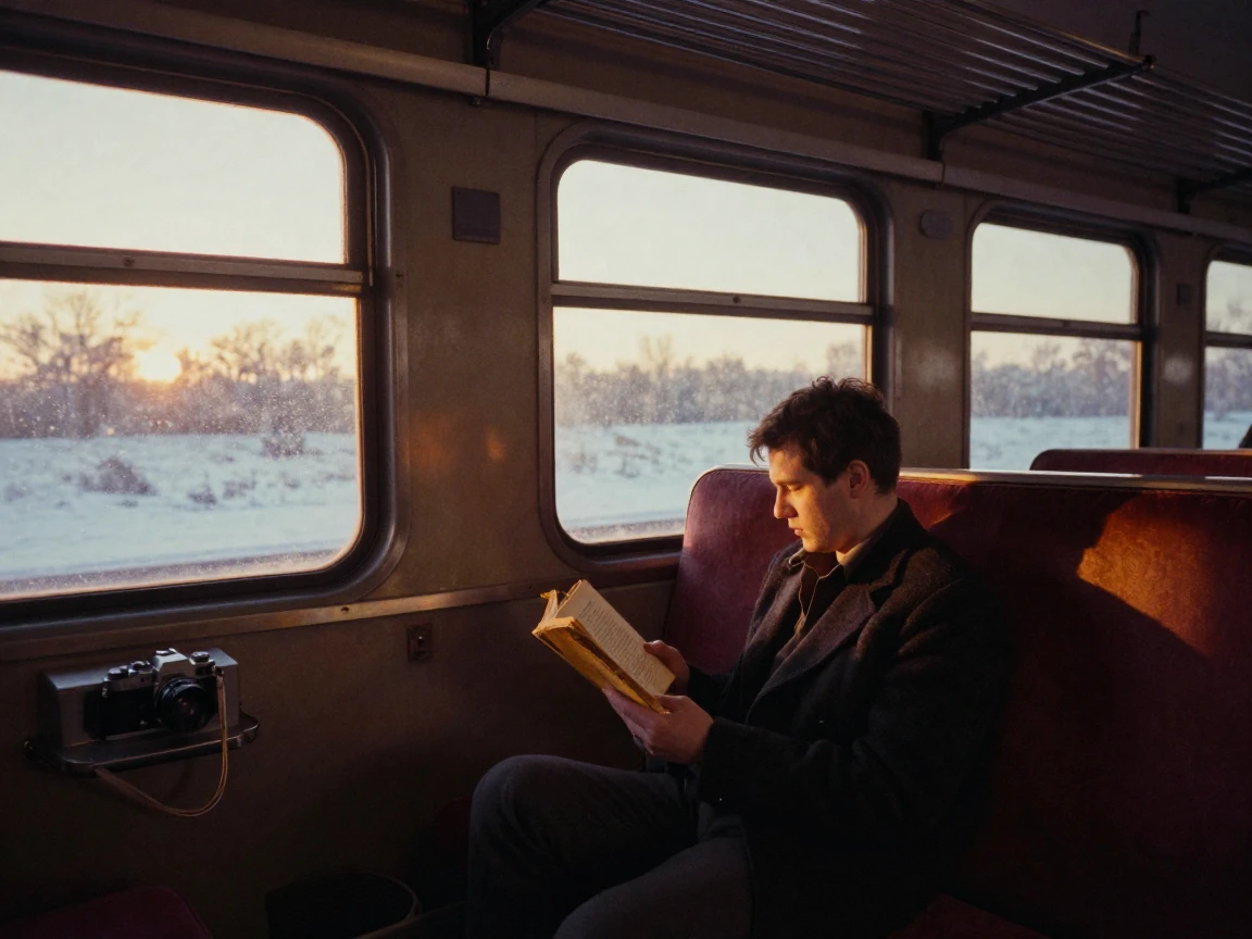 A commuter reading a paperback novel on a nearly empty train, in warm morning light, as heat shimmers over the ground, under the first snow of winter, with rich burgundy and gold accents, from behind, looking toward the horizon.
