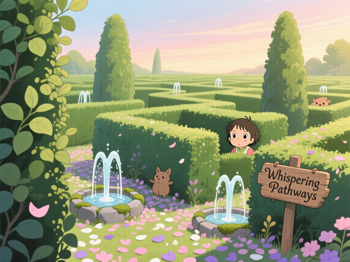 A garden maze of tall hedges and trickling fountains, a carpet of fallen petals covering the ground, creating a scene of quiet natural magic.