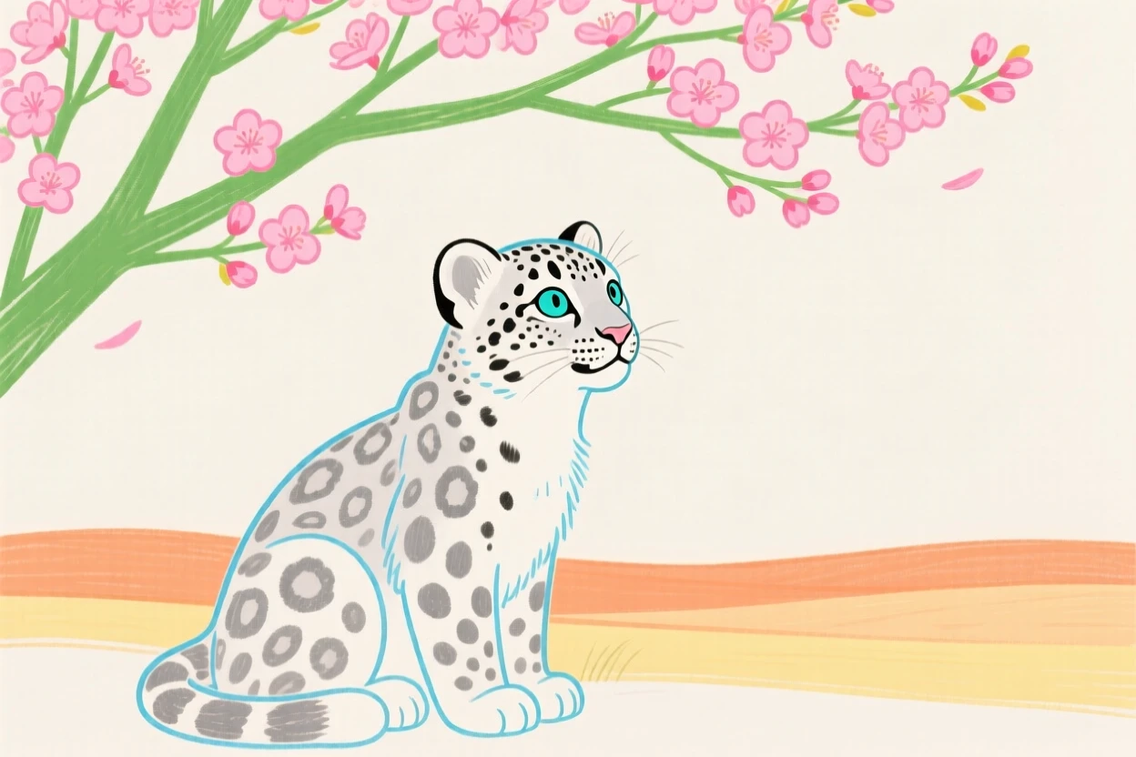 A snow leopard cub watching the horizon under a blossoming tree on a quiet summer afternoon.