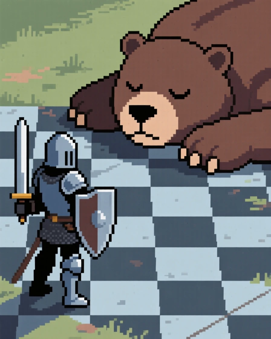 A wandering knight facing off against a giant slumbering beast, on a checkerboard battlefield of tiles.