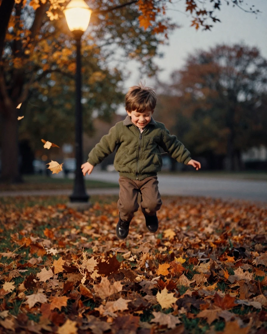 A child jumping into a pile of fallen leaves, in low lamplight, with a soft breeze stirring the air, in autumn, with muted olive and rust colors, from a slightly elevated vantage point.