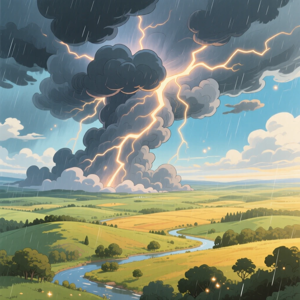 A stunning view of a dramatic thunderstorm rolling across a distant plain, seen from high above, sweeping and vast.