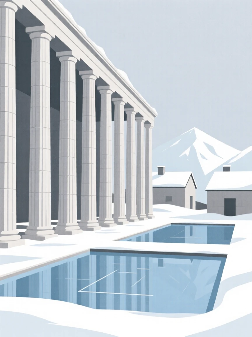 A view looking up at a colonnade of stone pillars from a snow-dusted alpine town, with reflecting pools in frame, evoking quiet elegance.