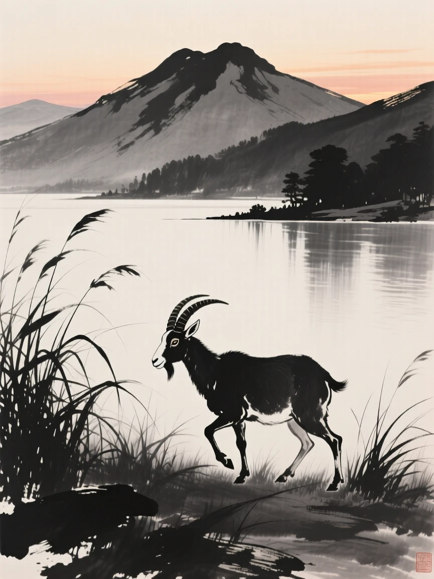 A mountain goat walking through tall grass at dusk beside a tranquil mountain lake, seen from a respectful distance within its natural surroundings, carrying a sense of quiet dignity and wildness.