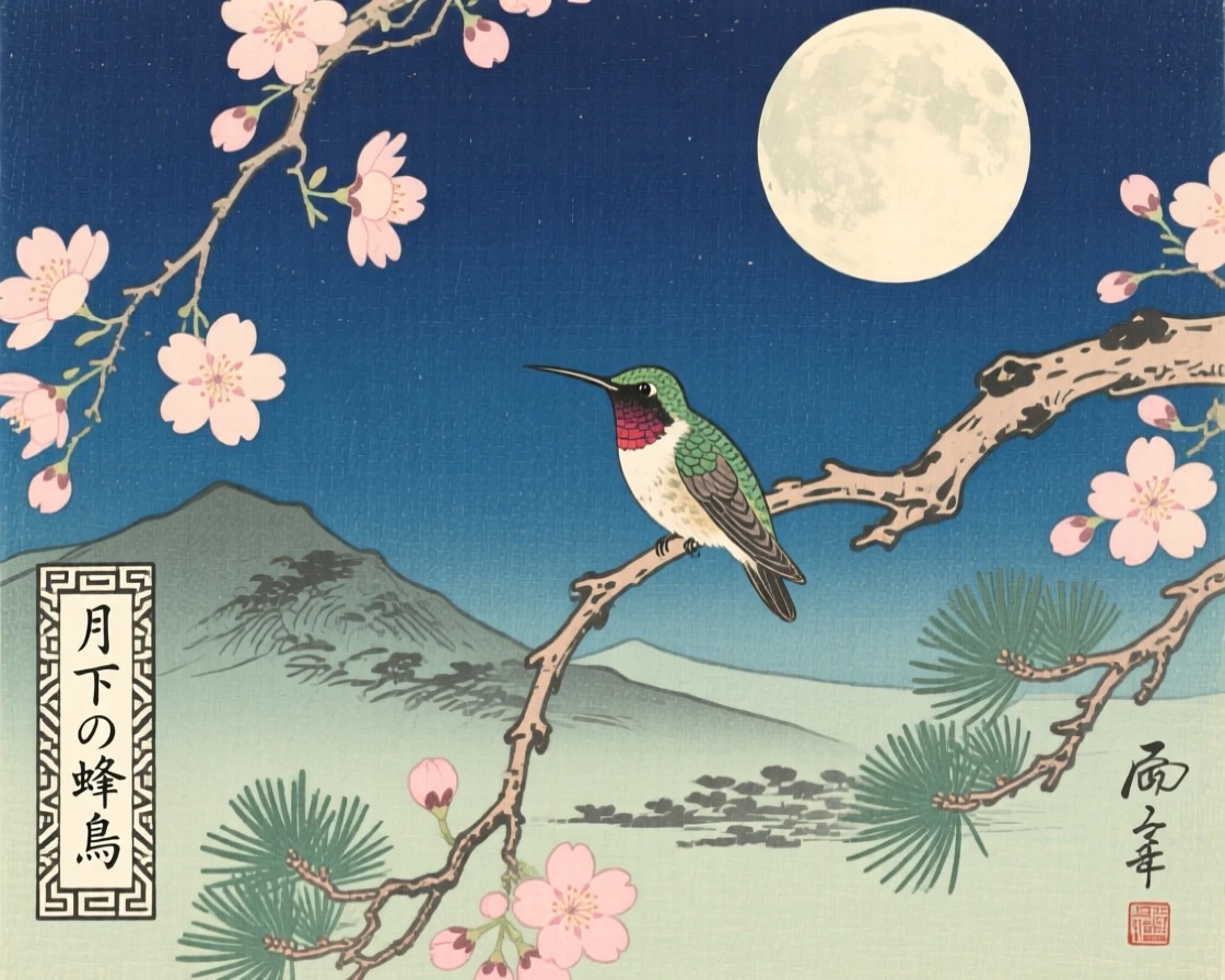 A hummingbird perched silently under a full moon.