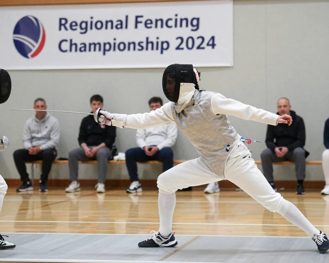 A fencer lunges forward mid-match, blade extended toward an opponent.