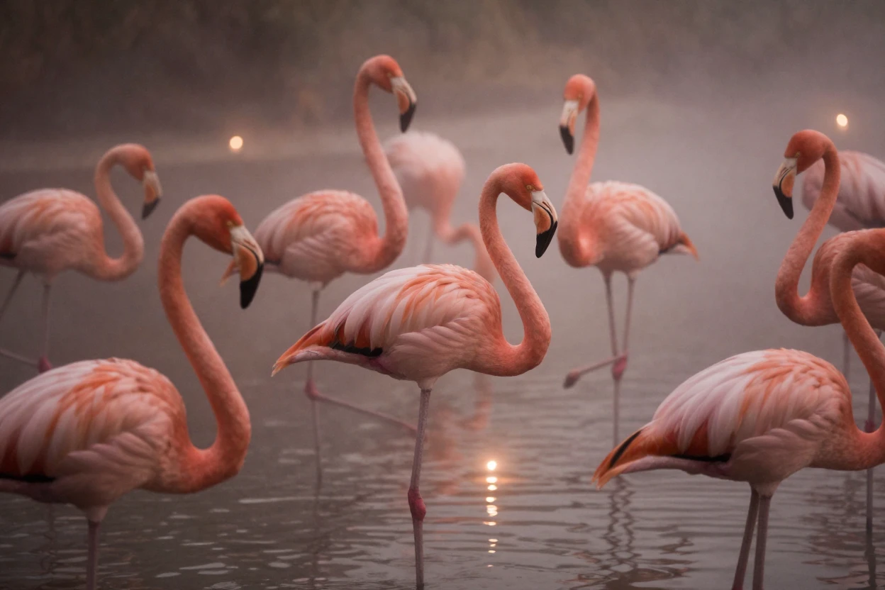 A flock of flamingos wading through shallow pink-tinged waters, under flickering candlelight, in thick rolling fog, as summer fades into fall, in earthy terracotta and ochre shades, in a tight close-up.