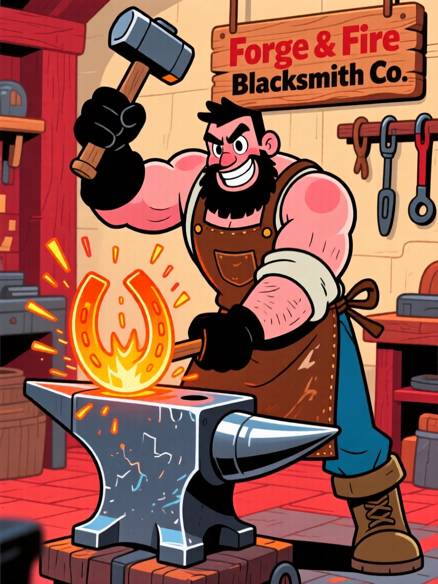 A blacksmith hammering a glowing horseshoe at an anvil.