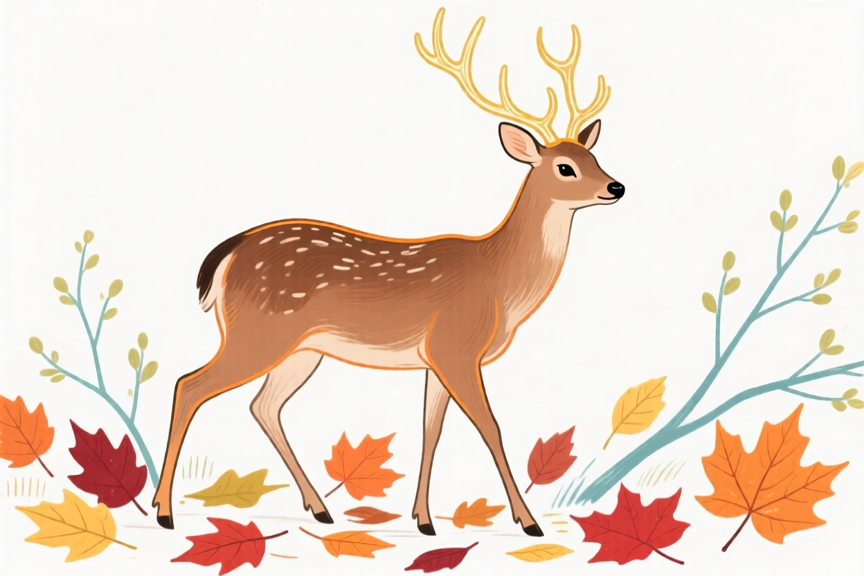 A gentle deer wandering among autumn leaves in early spring.