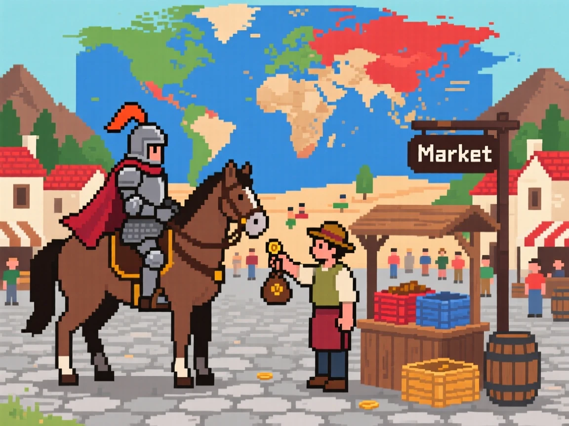 A mounted knight trading with a merchant in a busy town square, on a colorful world map dotted with towns.