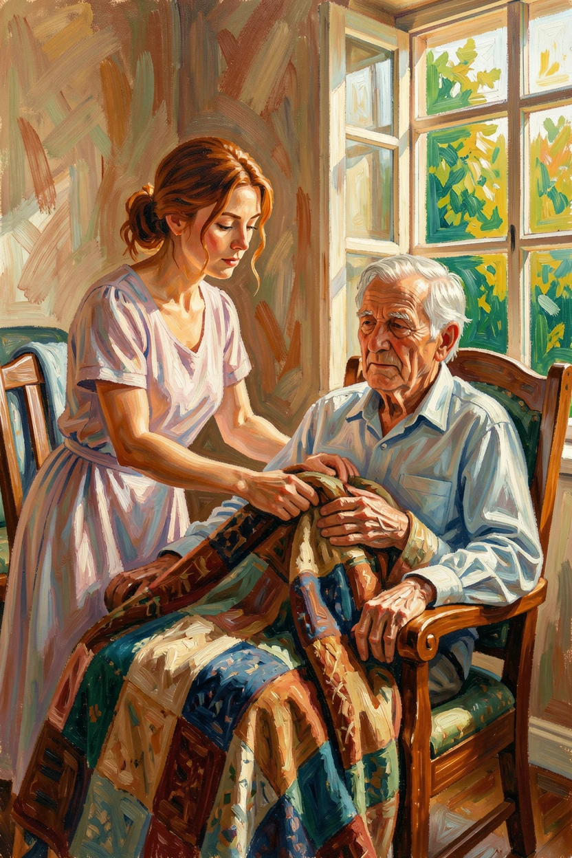 A daughter caring for her aging father, adjusting his blanket by the window.