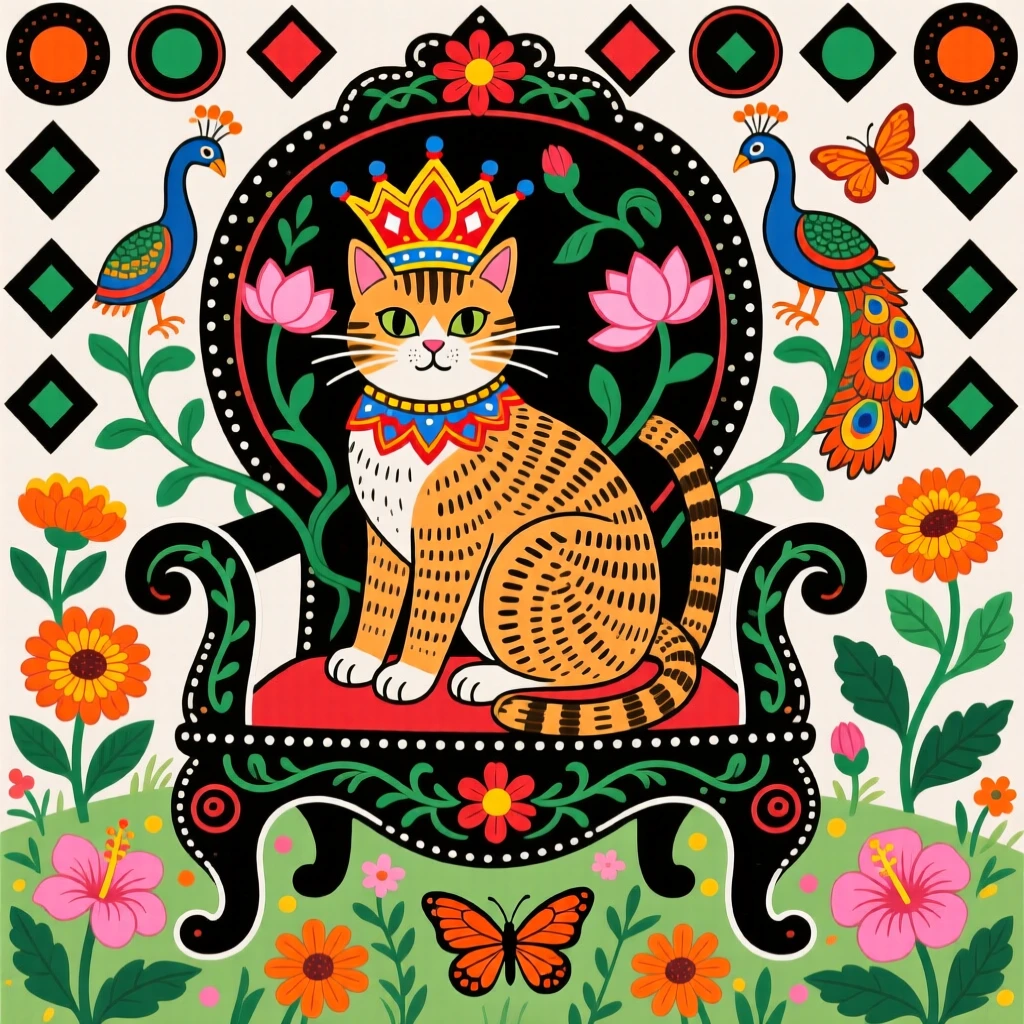 A cat wearing a tiny crown sitting atop a garden throne.