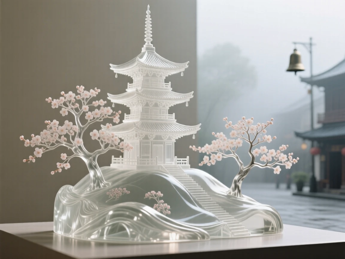 A pagoda nestled among blossoming trees on a hillside as morning fog drifts slowly through the streets below, while the sound of distant bells drifts across the square
