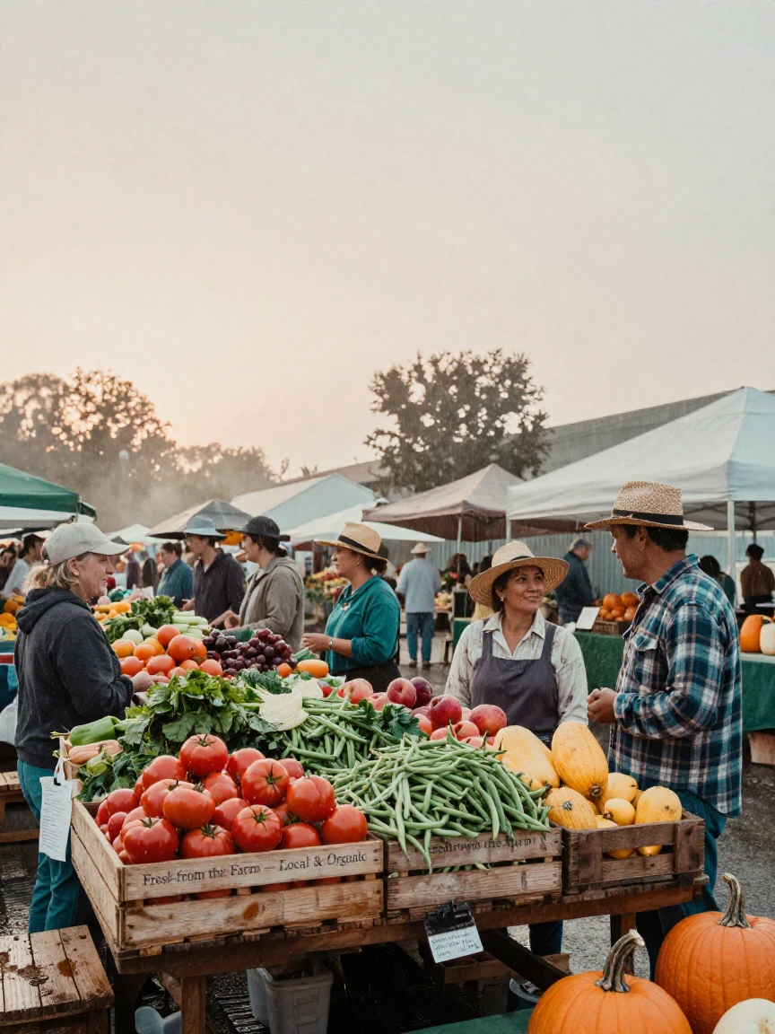 A bustling farmers market with crates of fresh vegetables and fruit, in the pale light just before sunrise, under a light drizzle, as summer fades into fall, in vivid coral and turquoise hues, captured from a low angle looking up.