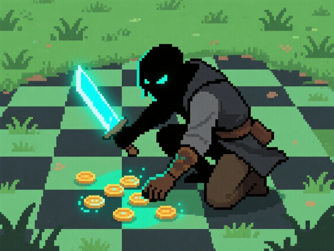 A rogue with a glowing dagger collecting glowing coins in a grassy field, on a checkerboard battlefield of tiles.