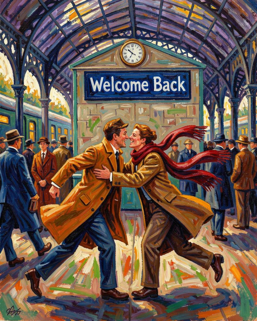 Friends reunited at a train station, running to embrace one another across the platform.