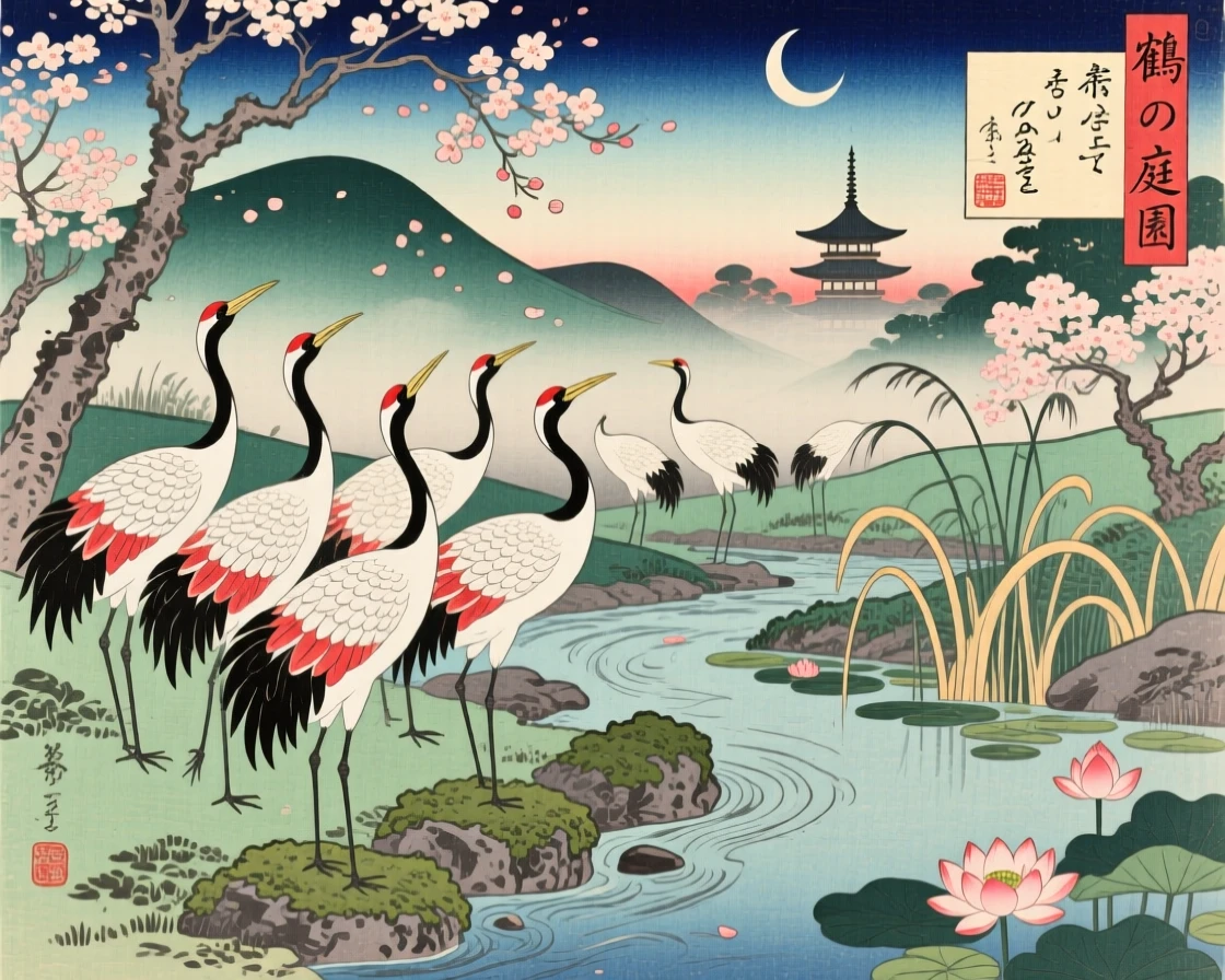 A flock of cranes displaying vivid tail feathers in a garden.