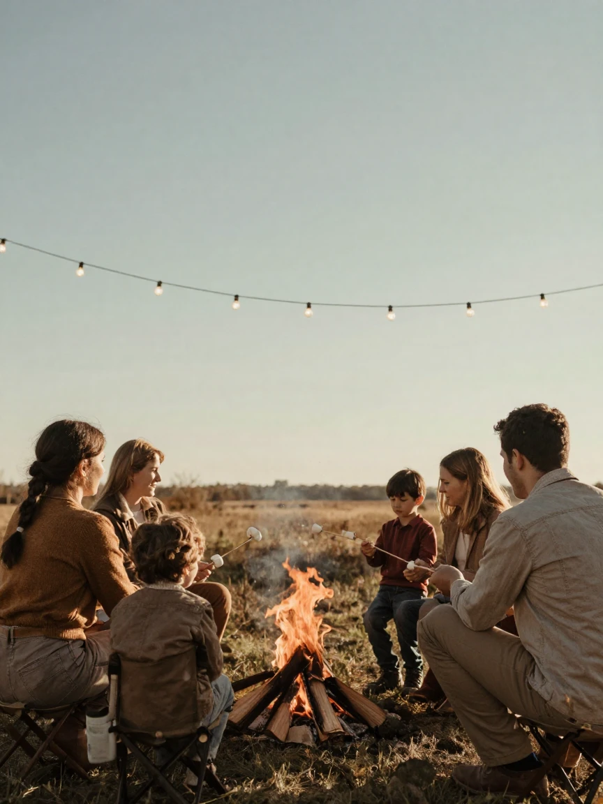 A family gathered around a crackling campfire roasting marshmallows, under strings of warm string lights, on a clear, cloudless day, in the mild days of early autumn, with a soft sepia-tinted glow, from behind, looking toward the horizon.