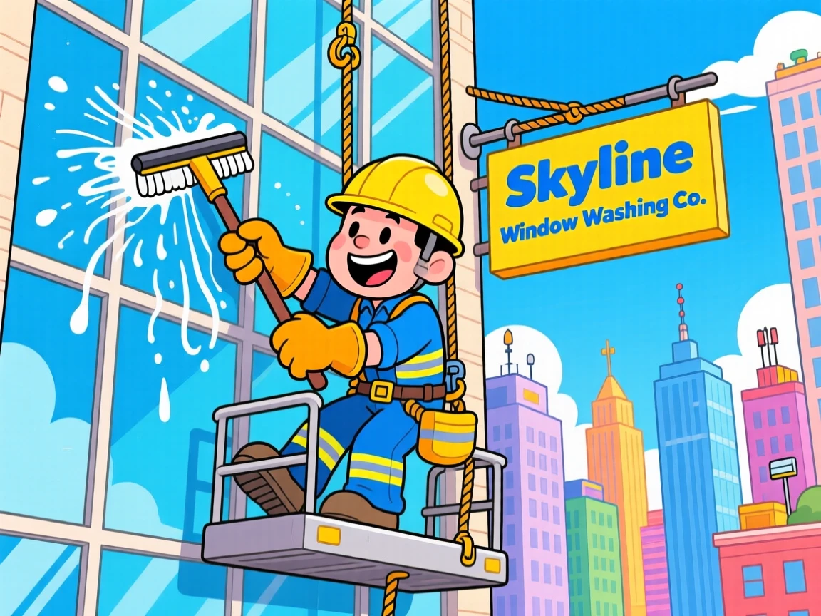 A window washer cleaning the glass of a tall city building.