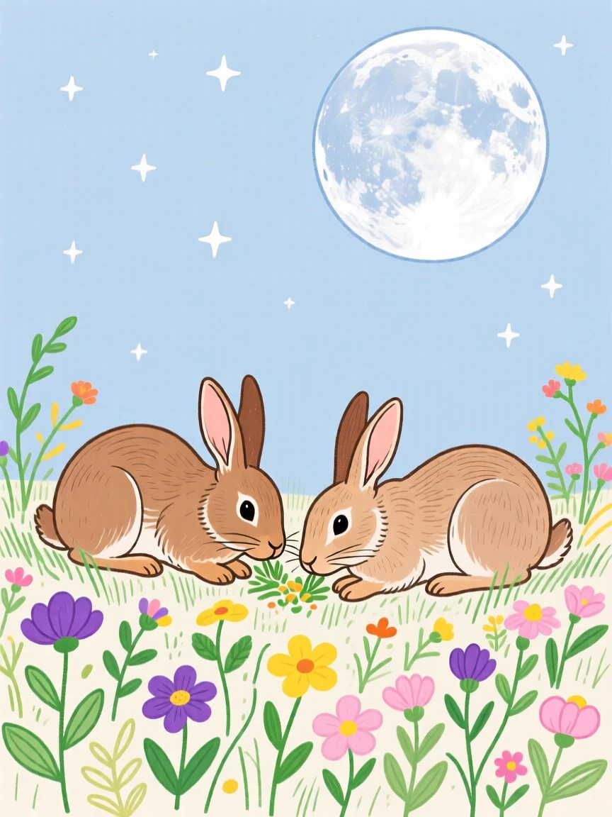 A pair of rabbits grazing near a wildflower field under a full moon.