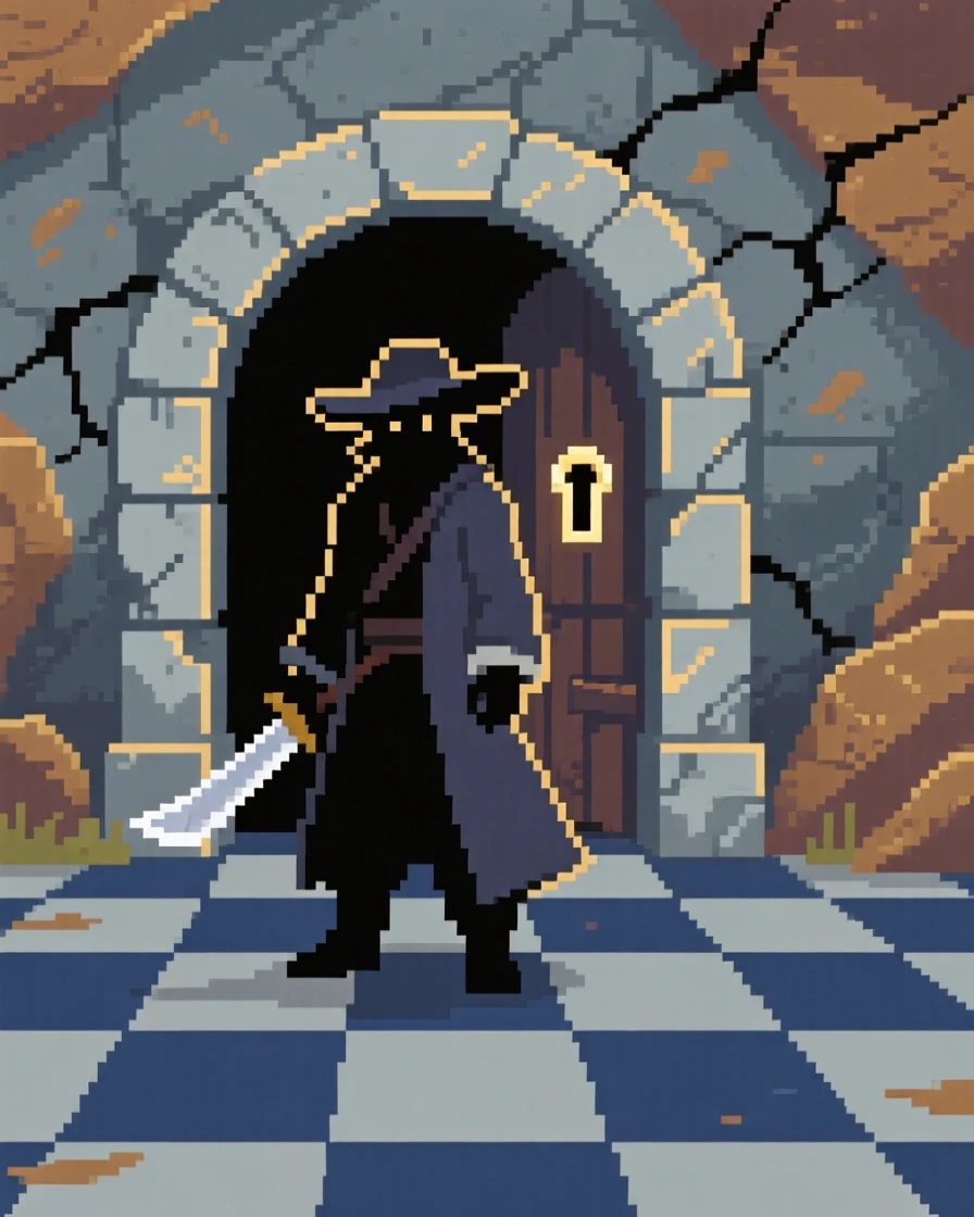 A sky pirate standing before the entrance to a hidden dungeon, on a checkerboard battlefield of tiles.