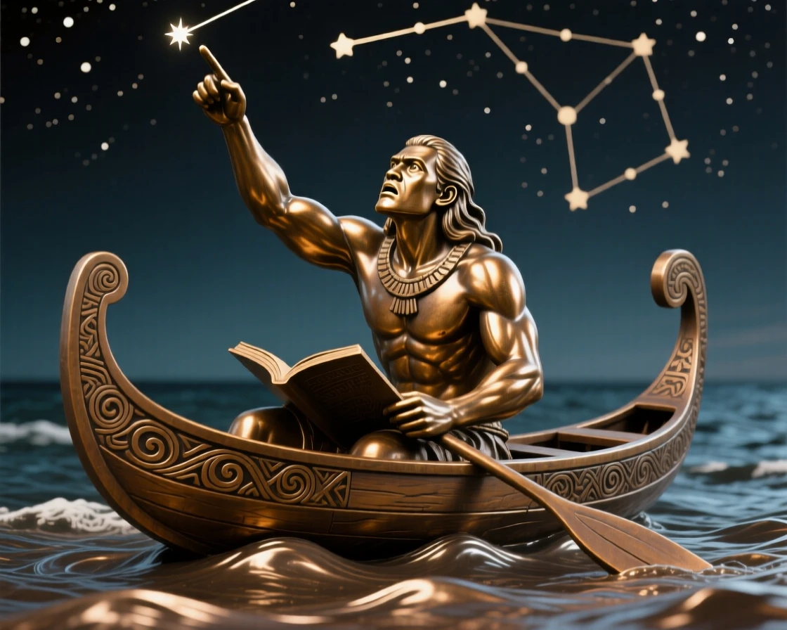 A polynesian navigator reading the stars from a canoe, in a moment of pure emotion, forming a strong central focal point