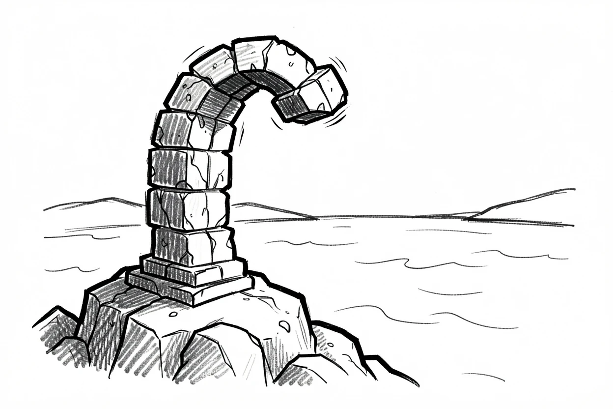 An ancient stone archway overlooking a calm bay.