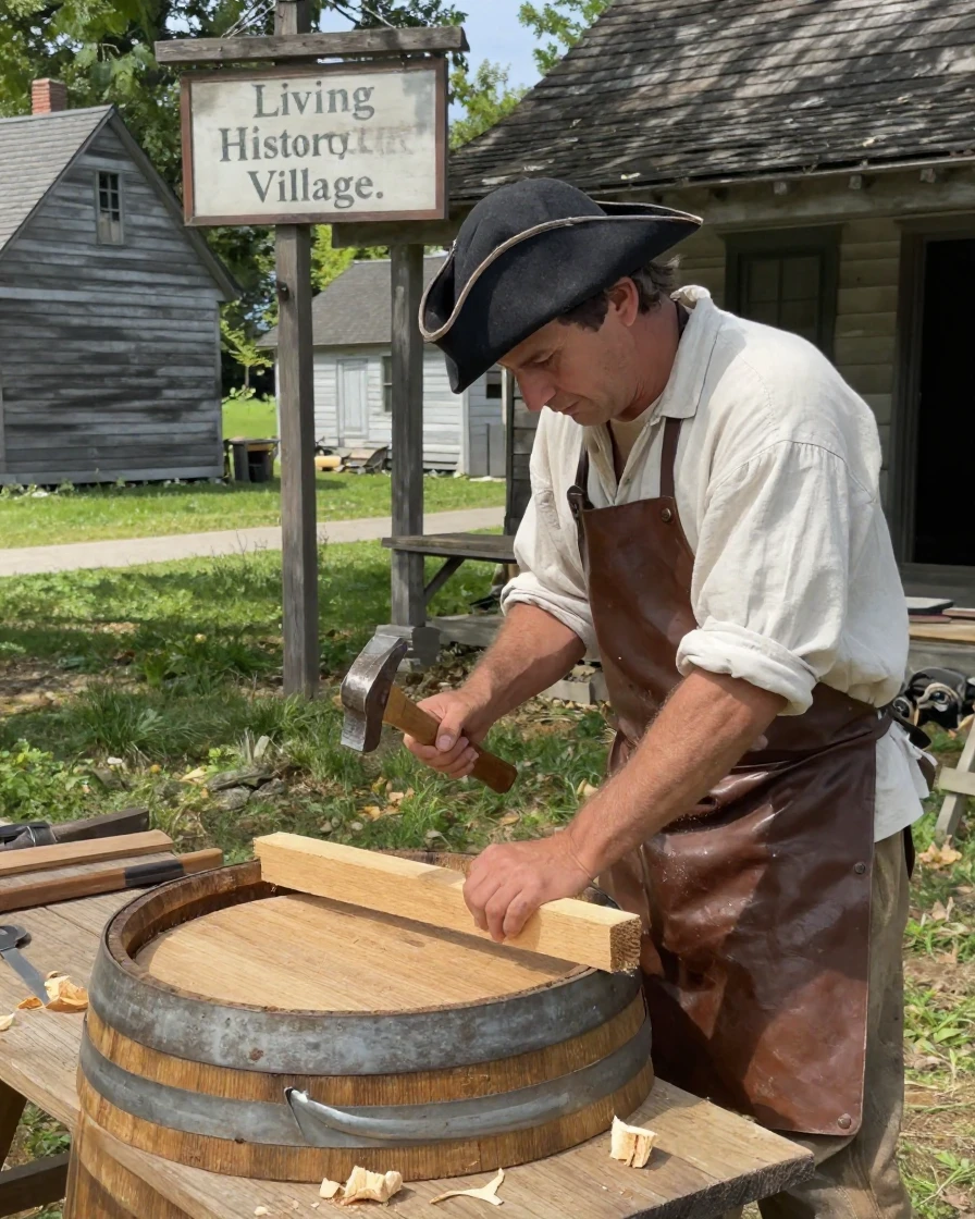 A colonial cooper builds a wooden barrel by hand at a living history village.